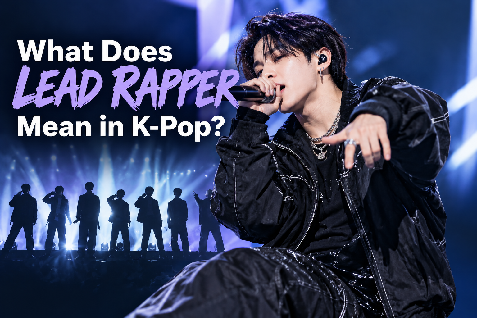 K-pop lead rapper performing on stage with a microphone