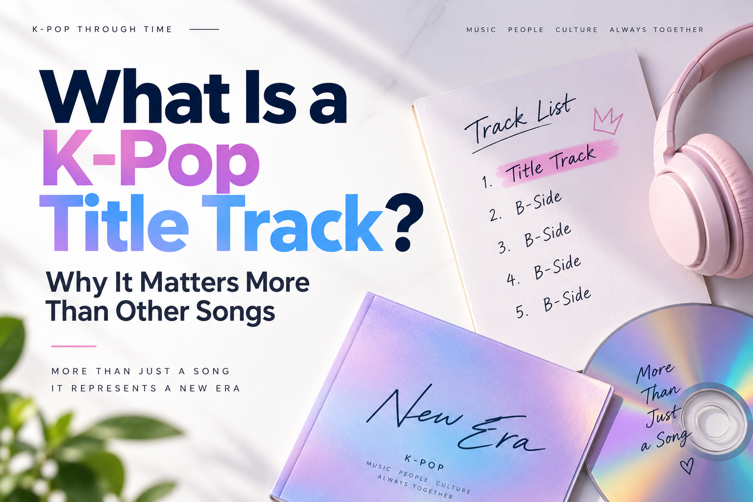 K-pop title track explained with a track list, album, headphones, and B-side songs