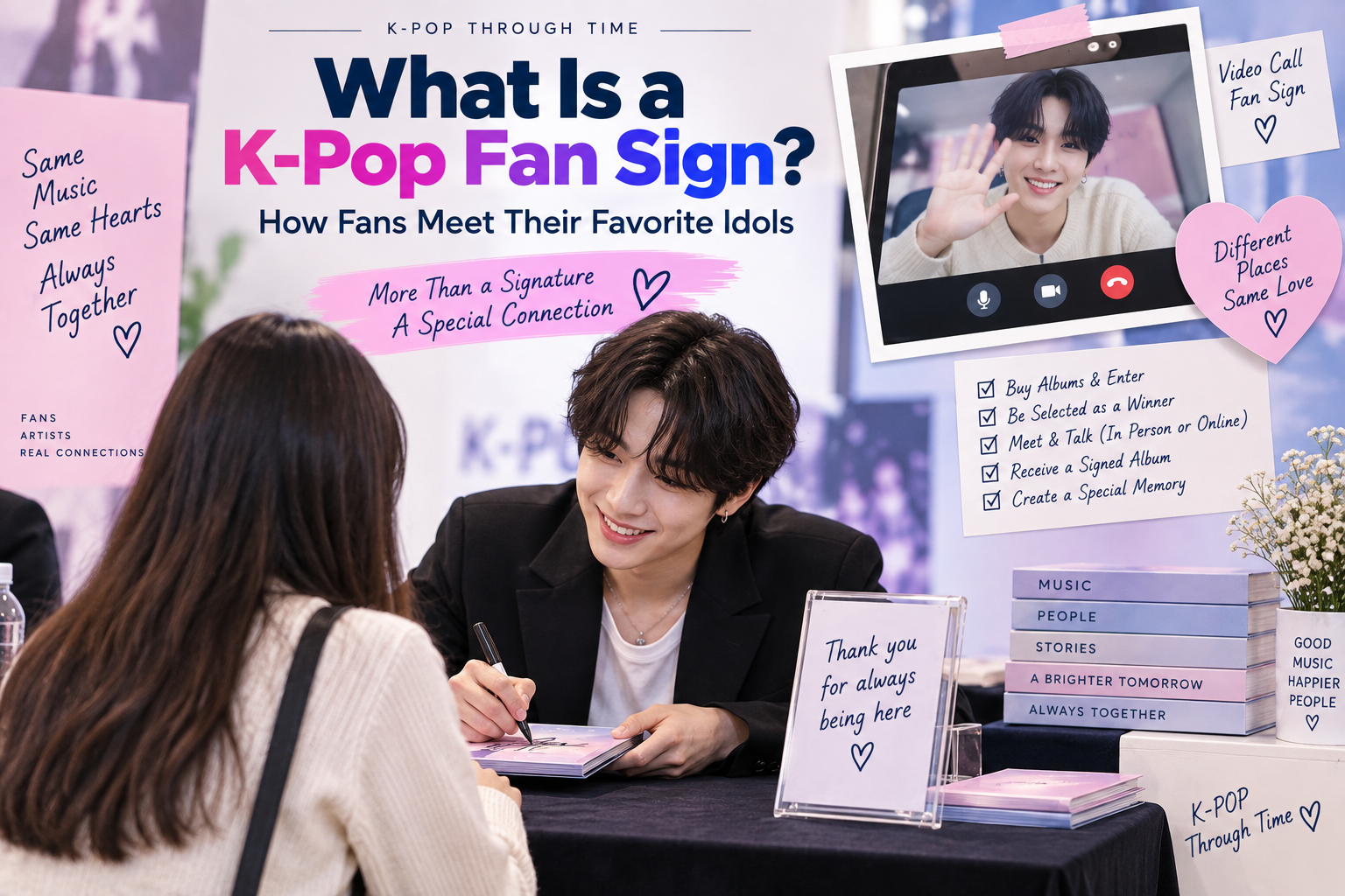 K-pop fan sign event showing a fan meeting an idol, receiving a signed album, and a video call fan sign