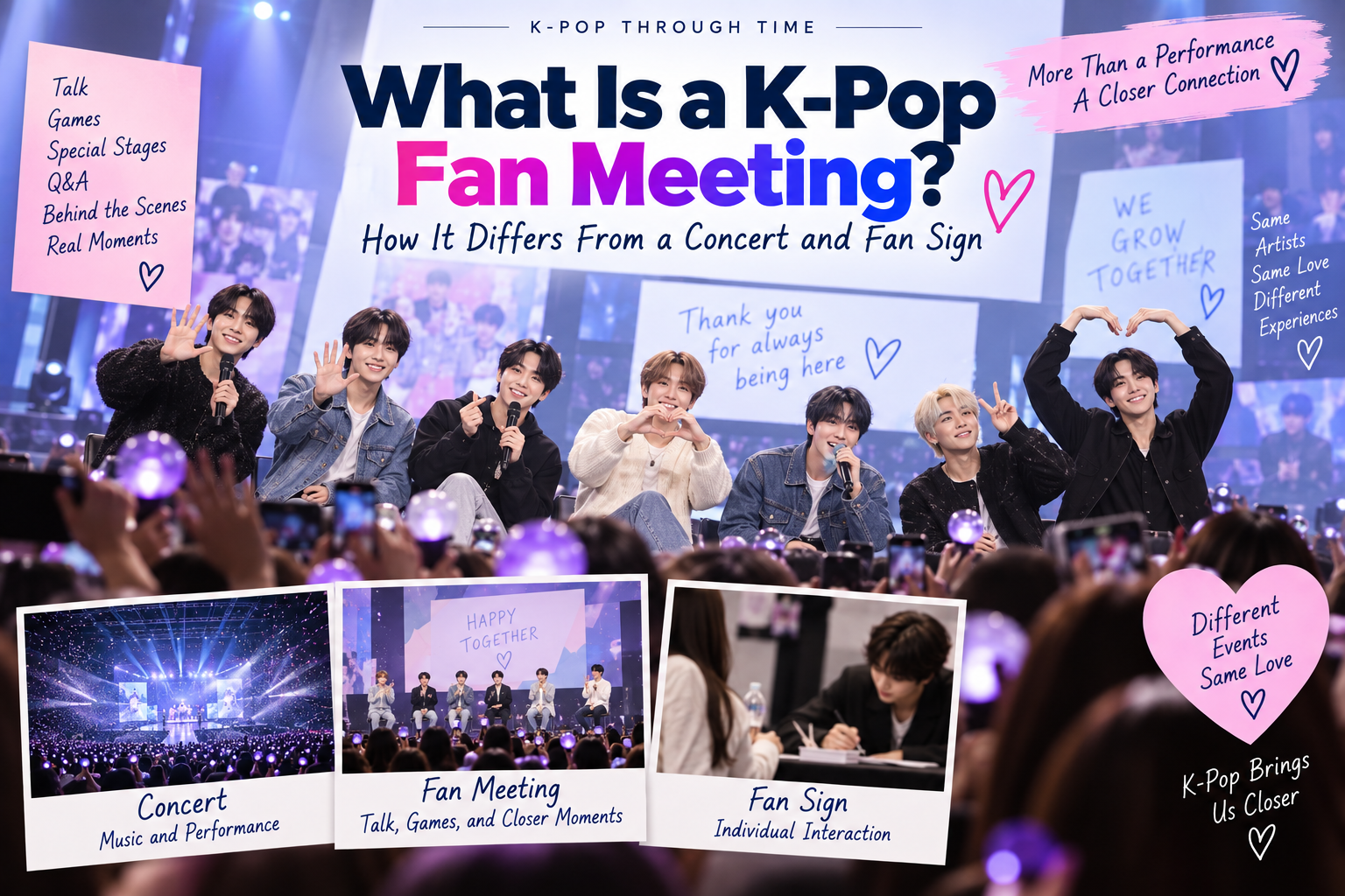 K-pop fan meeting showing idols interacting with fans and the differences between a concert, fan meeting, and fan sign