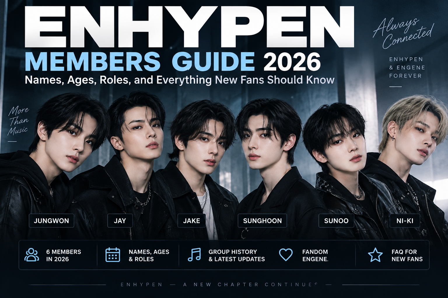 ENHYPEN members guide 2026 with names ages roles and current six-member lineup