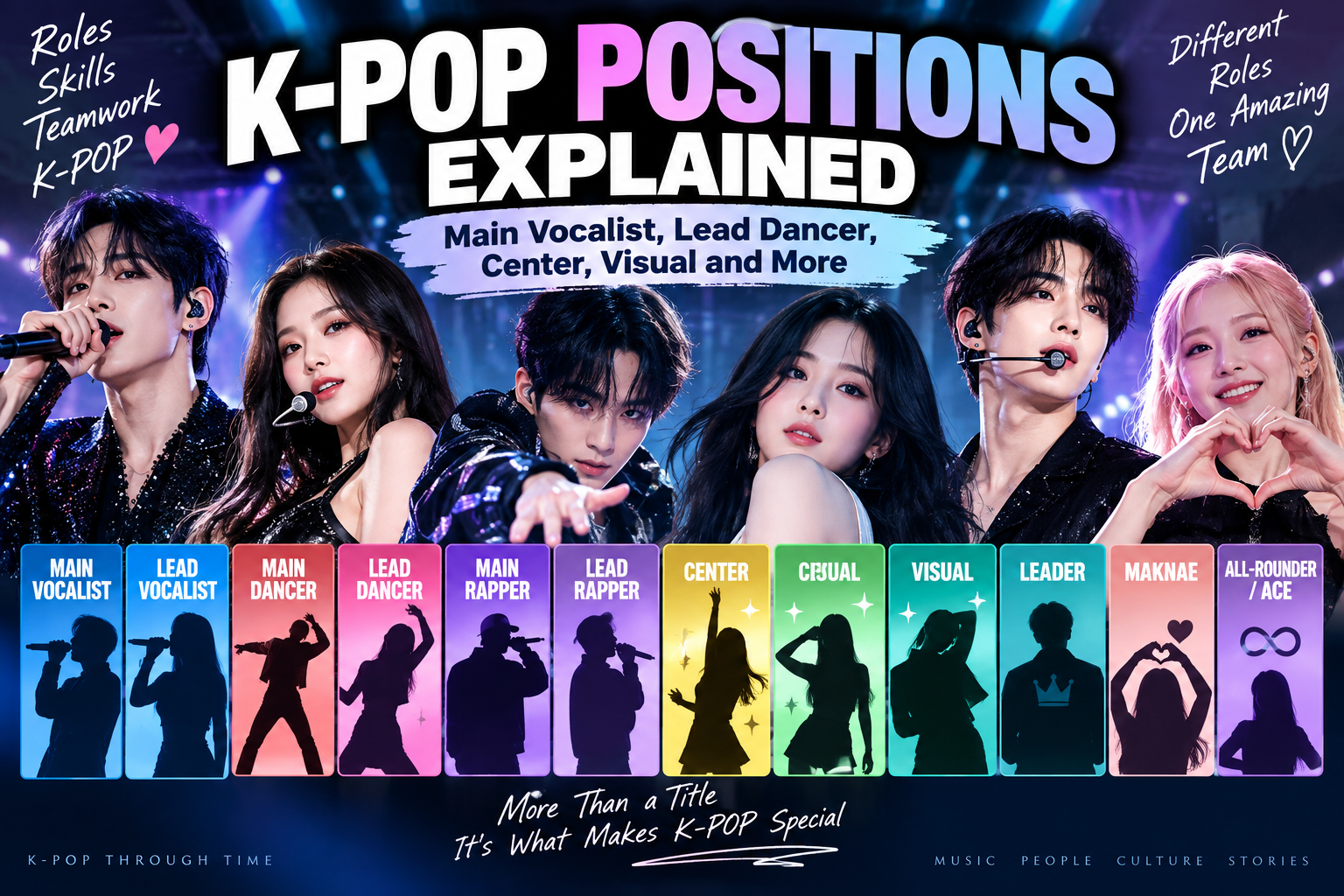 K-Pop positions explained including main vocalist lead dancer center visual leader and maknae