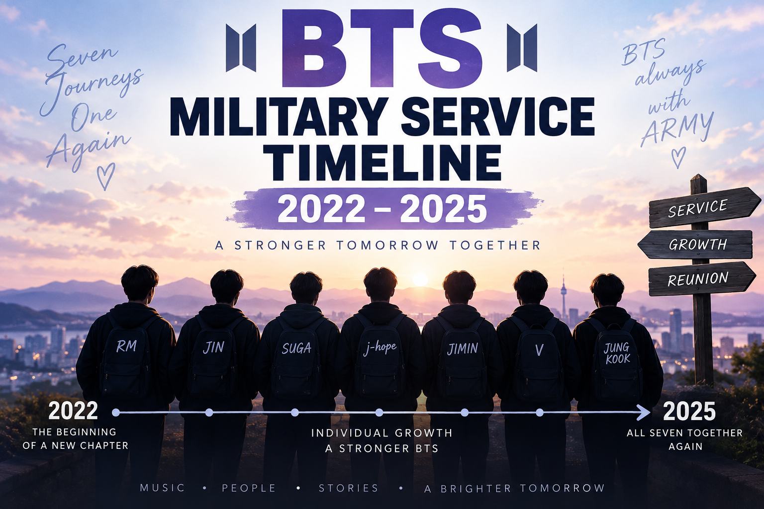 BTS military service timeline from 2022 to 2025 featuring all seven members