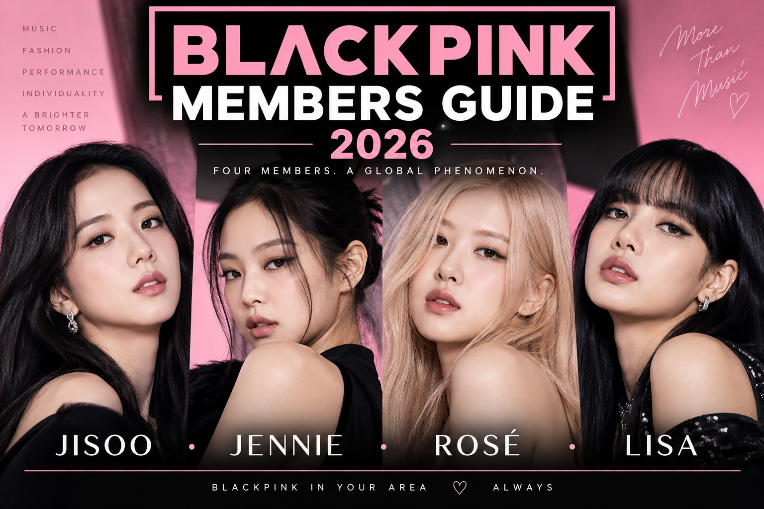 BLACKPINK Members Guide 2026 featuring JISOO, JENNIE, ROSÉ, and LISA