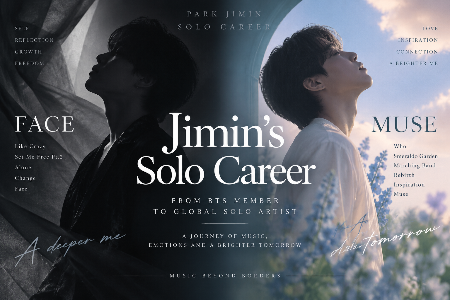 Jimin solo career featuring FACE, MUSE, Like Crazy and Who