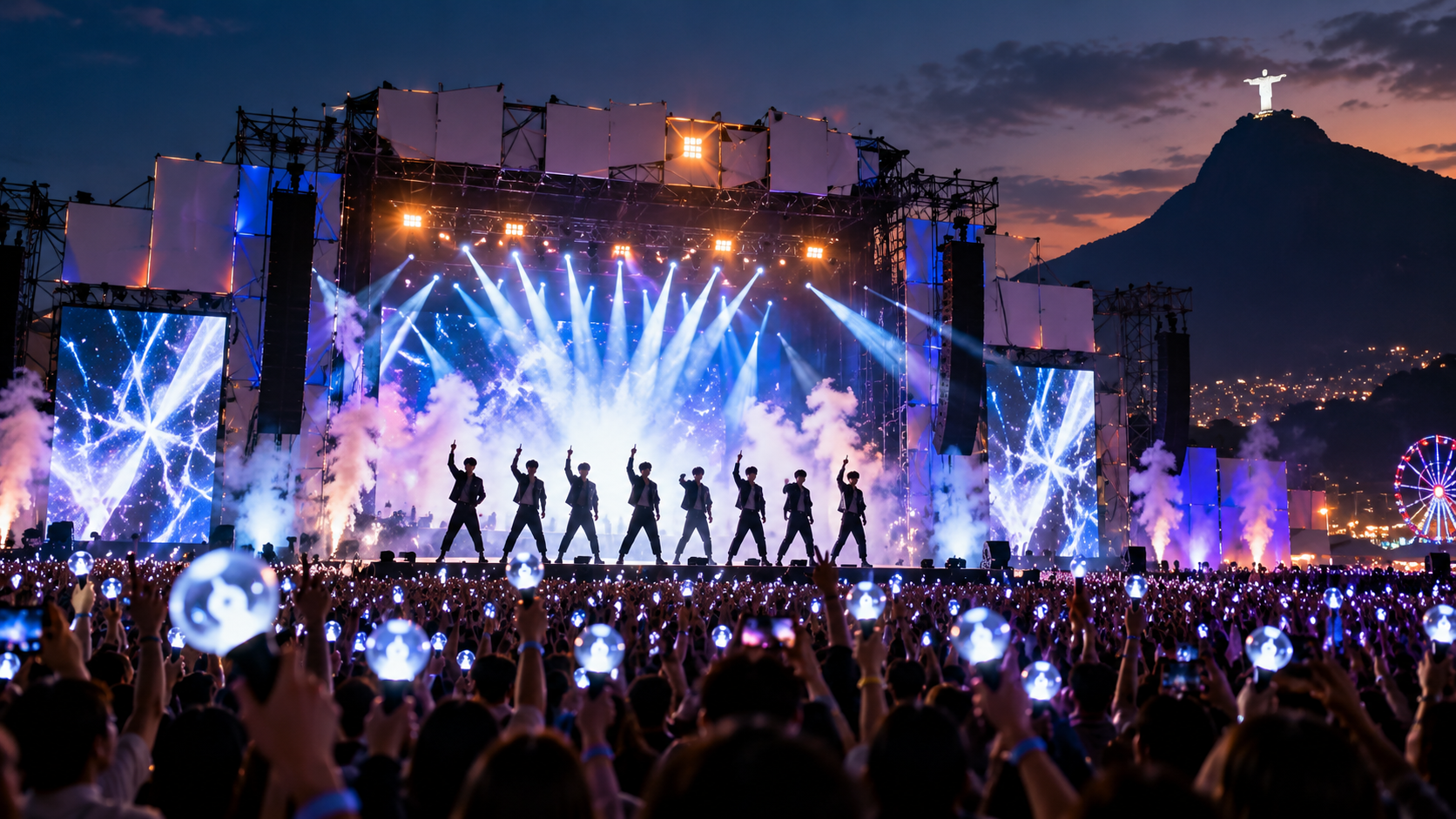 K-pop group performing in front of a huge festival crowd in Rio, representing Stray Kids at Rock in Rio 2026