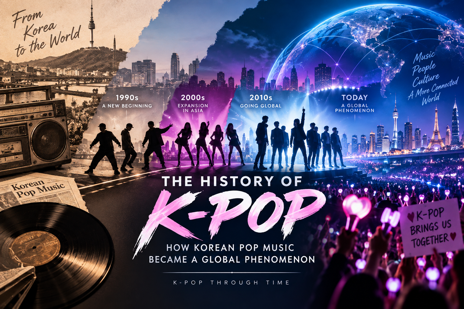 Visual timeline of K-pop history from its early years to its rise as a global music phenomenon