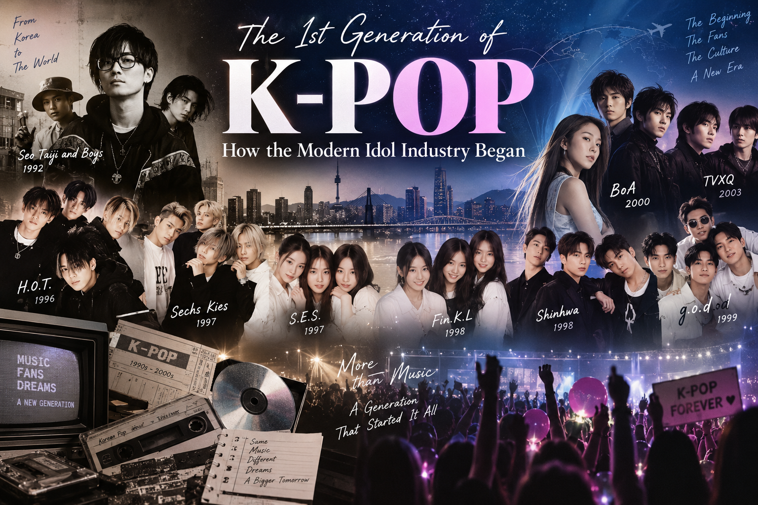 First-generation K-pop history featuring Seo Taiji and Boys, H.O.T., Sechs Kies, S.E.S., Fin.K.L, Shinhwa, g.o.d, BoA and TVXQ, illustrating the origins of the modern K-pop idol industry.