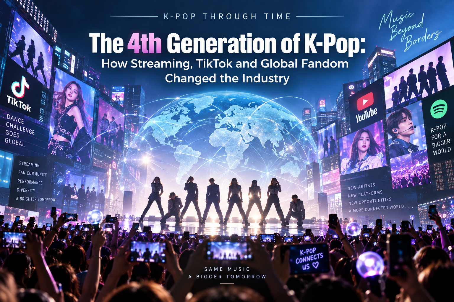 Fourth-generation K-pop and its global growth through streaming, TikTok, digital fandom, performance culture and worldwide online communities.