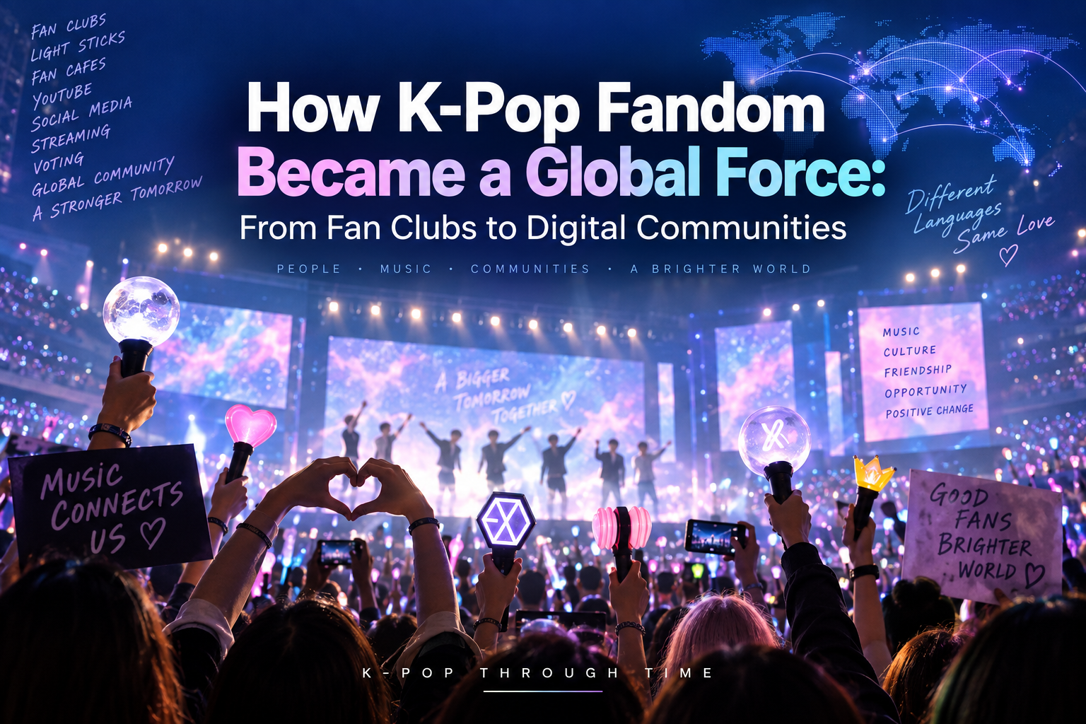Global K-pop fandom connecting fans worldwide through fan clubs, light sticks, social media, streaming and digital communities.