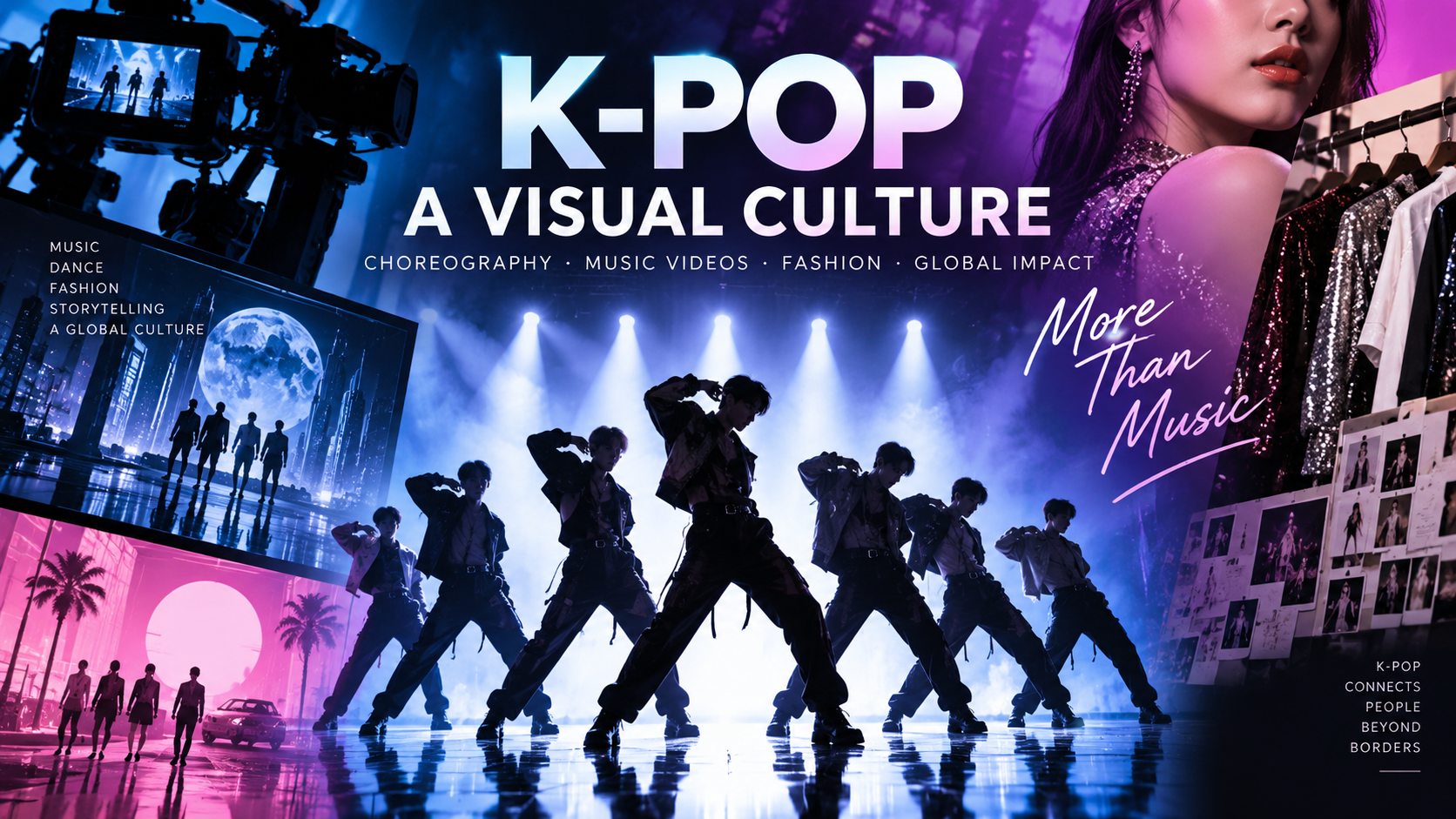 K-pop visual culture featuring synchronized choreography, music video production, fashion styling and cinematic stage performance.
