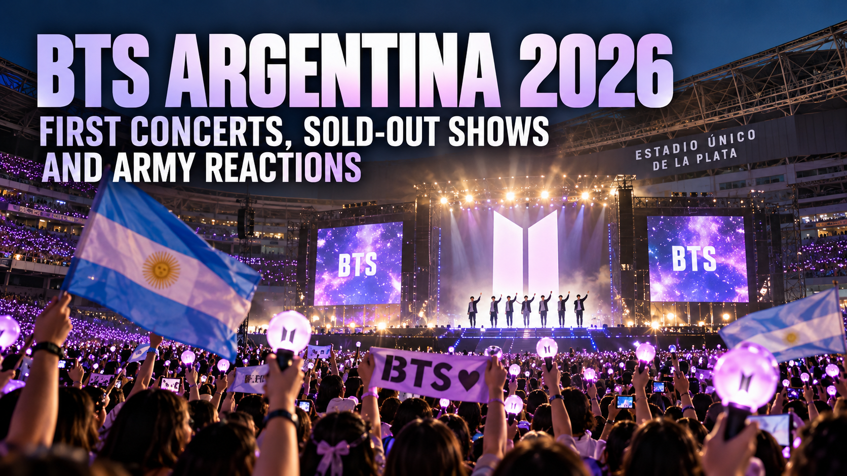 BTS Argentina 2026 first concerts at Estadio Único de La Plata, illustrated stadium scene with purple ARMY lights and Argentine flags