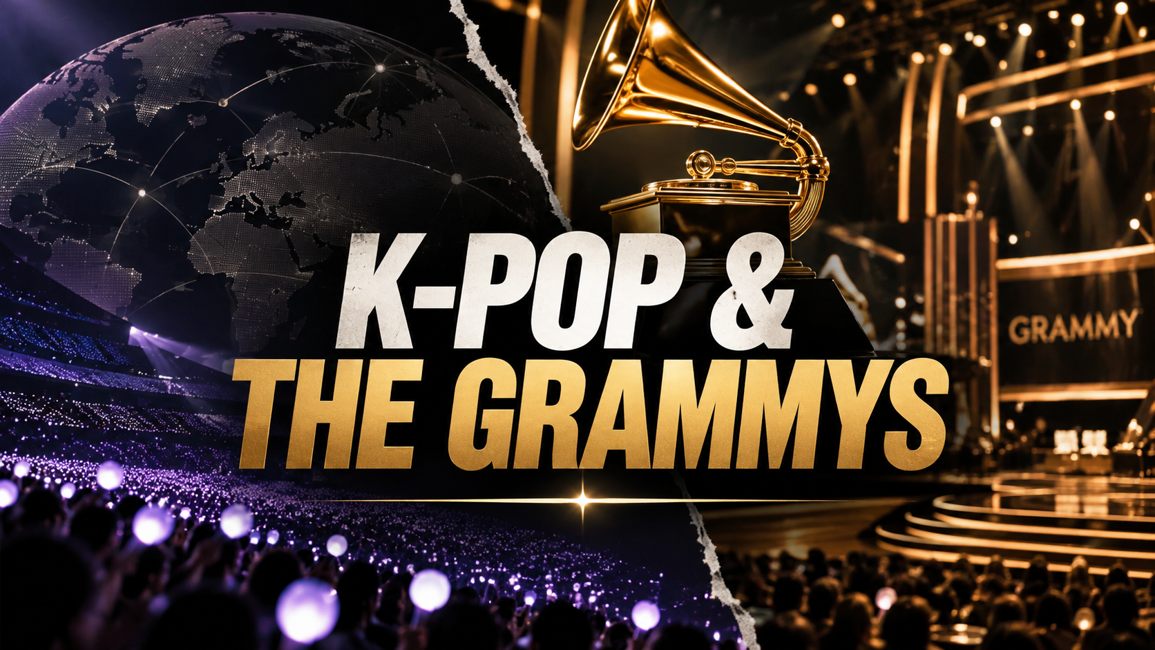 K-Pop and the Grammys illustration representing the BTS and Stray Kids 2027 Grammy debate