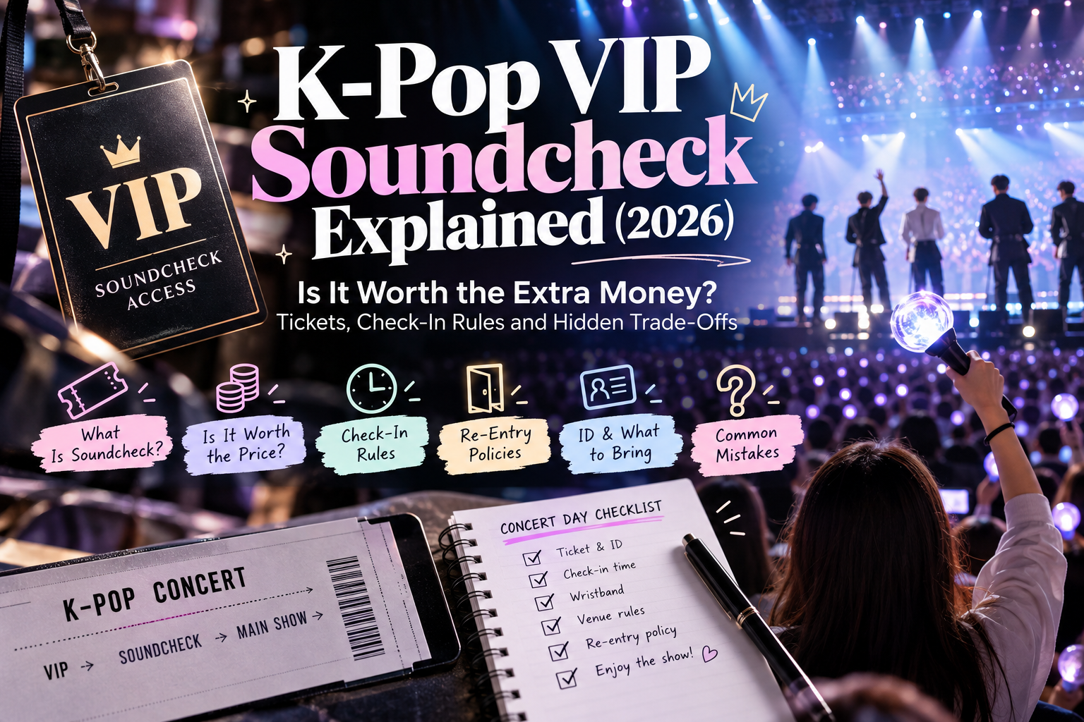 K-Pop VIP soundcheck guide 2026 featuring a concert stage, VIP pass, glowing lightsticks, and a checklist for ticket prices, check-in rules, re-entry policies, and common mistakes.