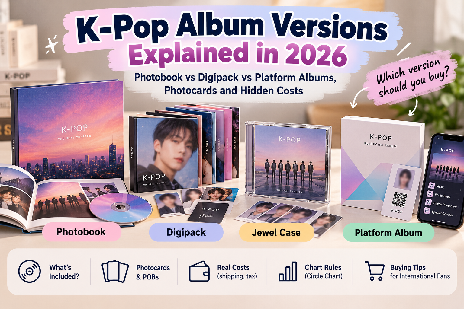 K-Pop Album Versions Explained in 2026: Photobook vs Digipack vs Platform Albums, Photocards and Hidden Costs