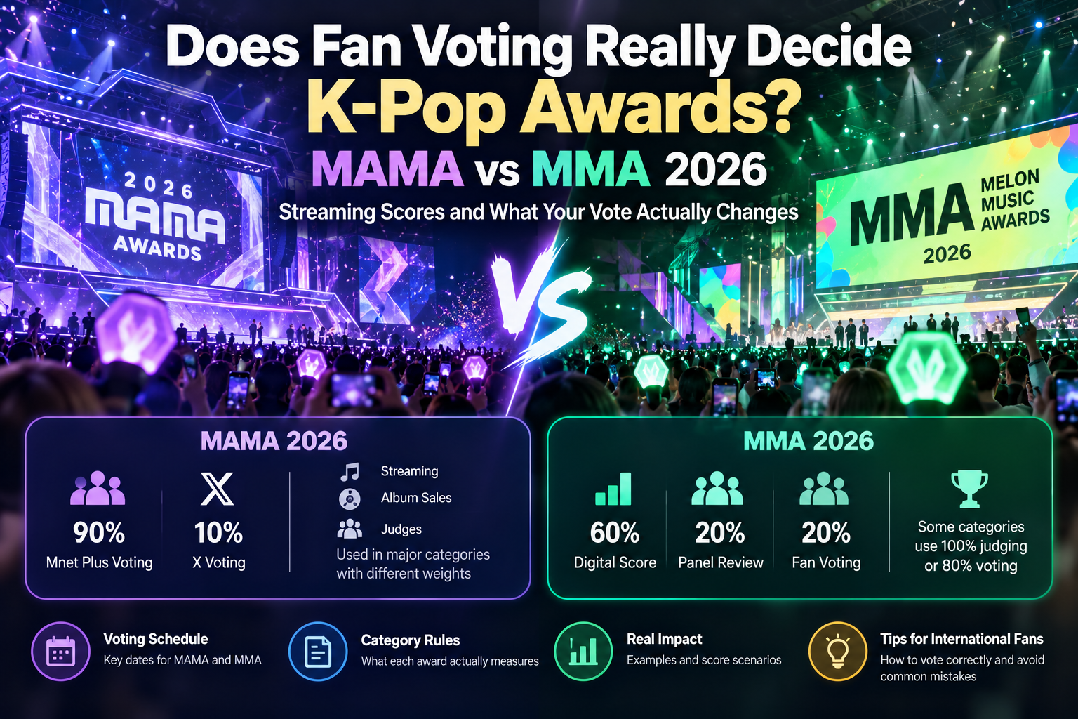 MAMA vs MMA 2026 K-pop awards comparison showing fan voting percentages, streaming scores, judging criteria and award stages