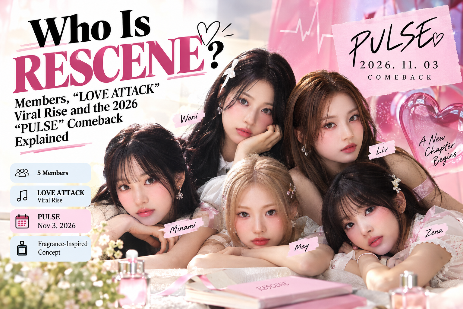 Editorial-style illustration for RESCENE's 2026 PULSE comeback, highlighting the five-member K-pop group, LOVE ATTACK's viral rise, and the November 3 album release.