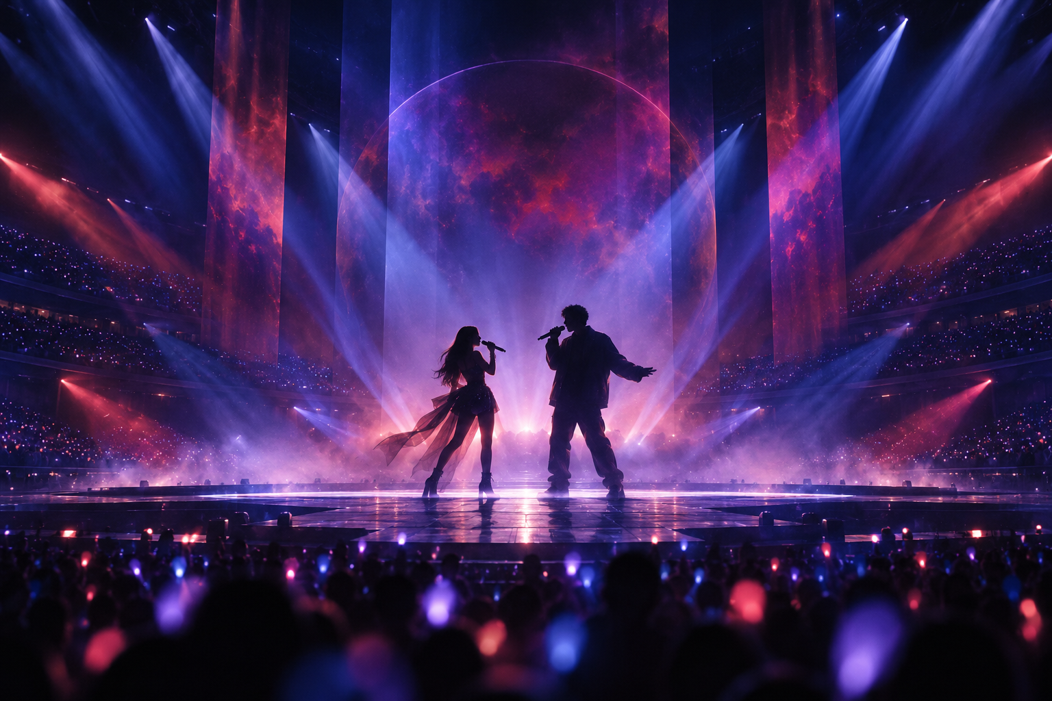 Illustration of two singers performing together on a stadium stage under purple and blue lights
