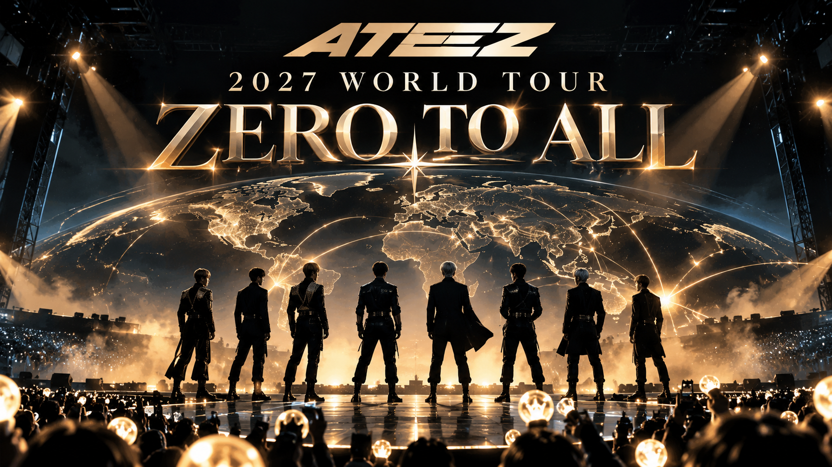 ATEEZ 2027 ZERO TO ALL World Tour promotional illustration with a golden concert stage, world map and audience