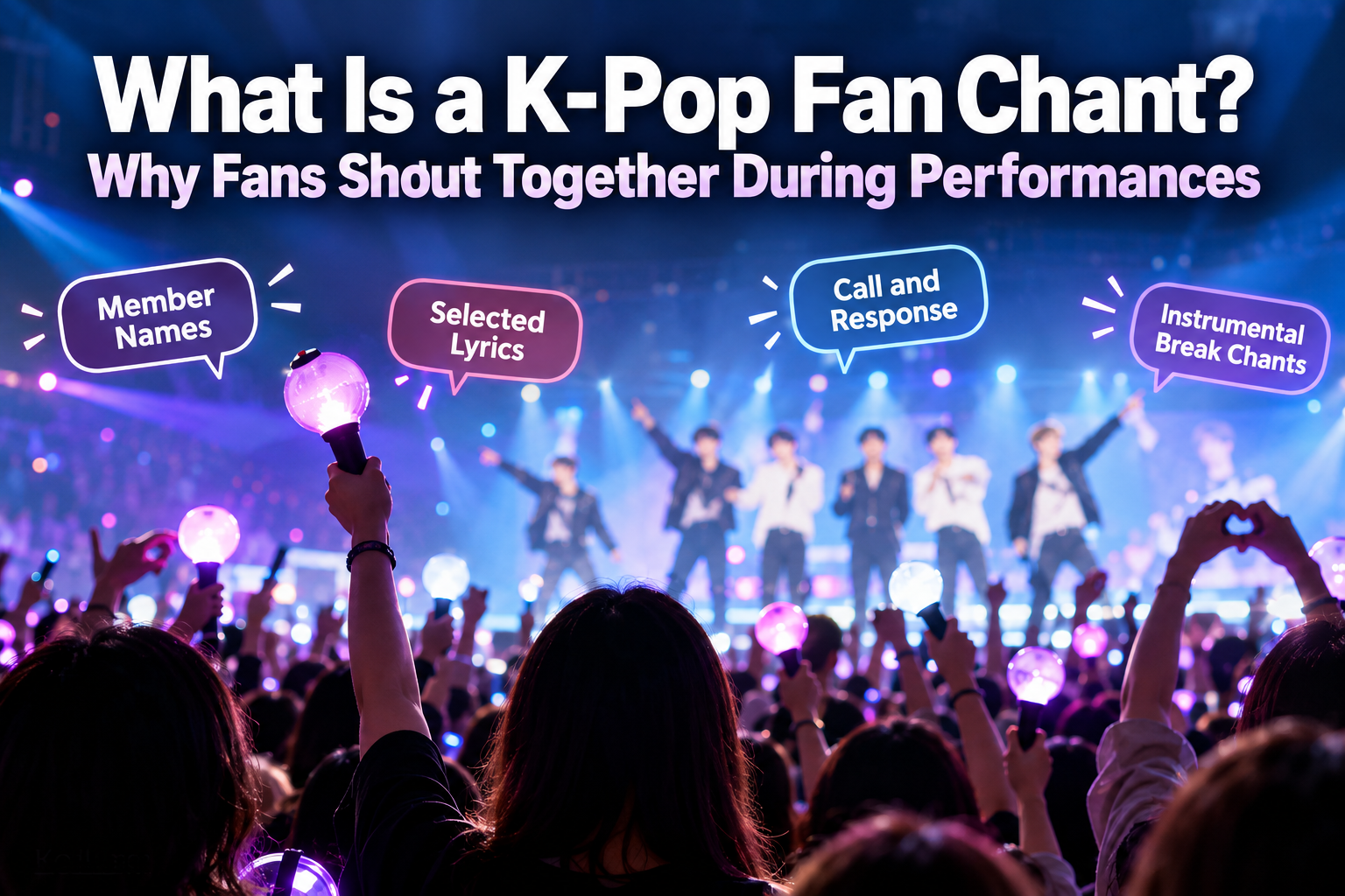 K-Pop concert audience cheering with glowing lightsticks, illustrating fan chants, member name chants, selected lyrics, and call-and-response during performances.