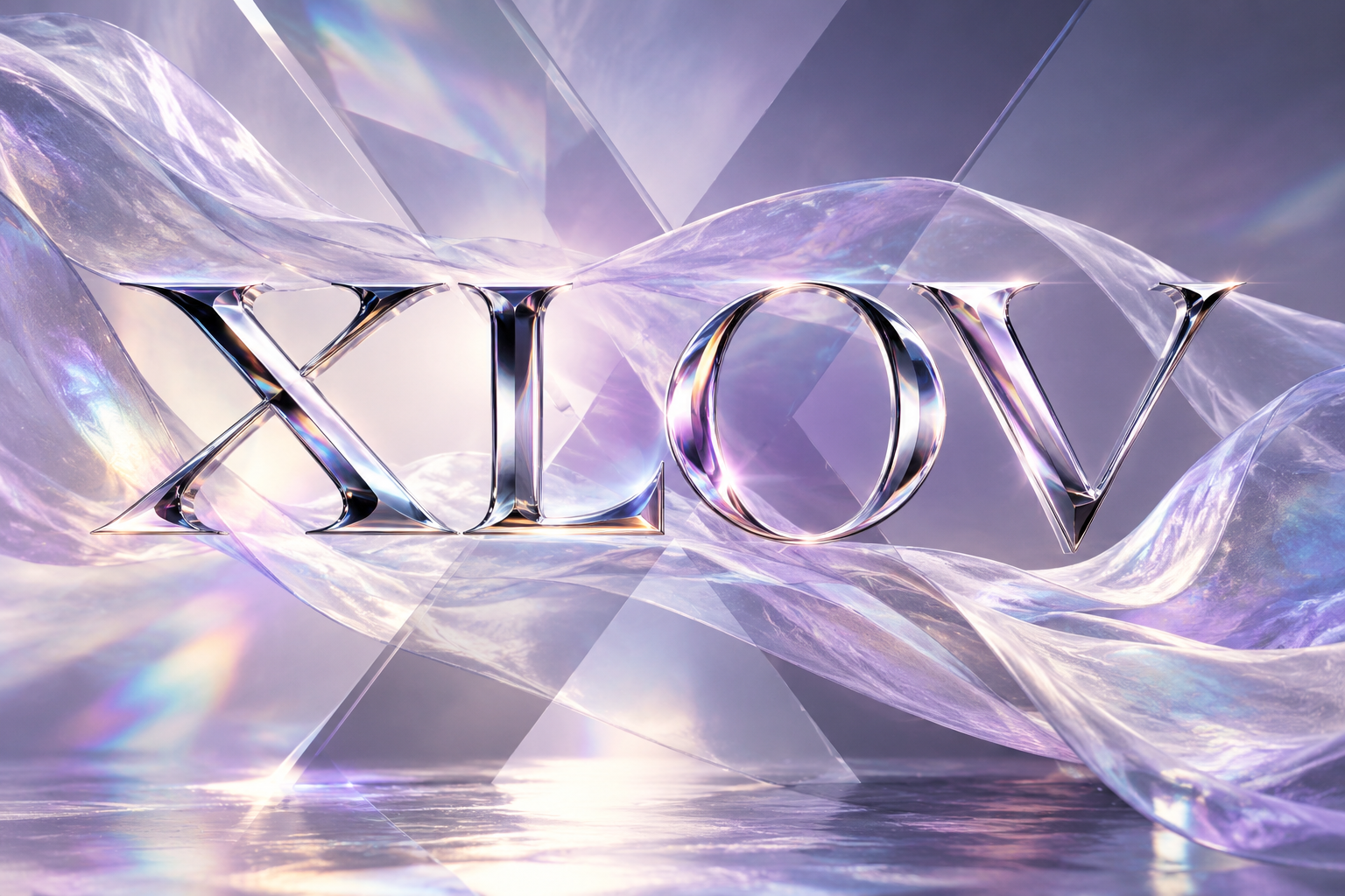 XLOV K-pop group name in chrome lettering on a lavender background