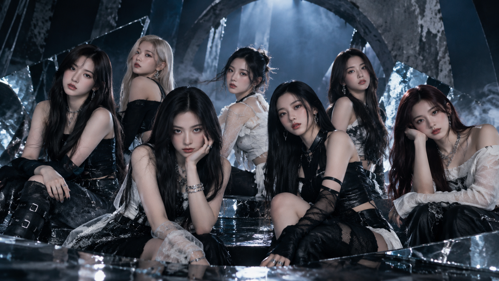 BABYMONSTER-inspired seven-member group portrait with a dark cinematic concept for DESERVE 2026 comeback